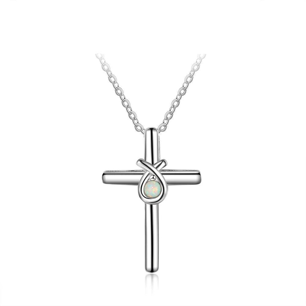 925 Sterling Silver Cross Shape with White Opal Stone Pendant Necklaces for Women - Personalized Jewel