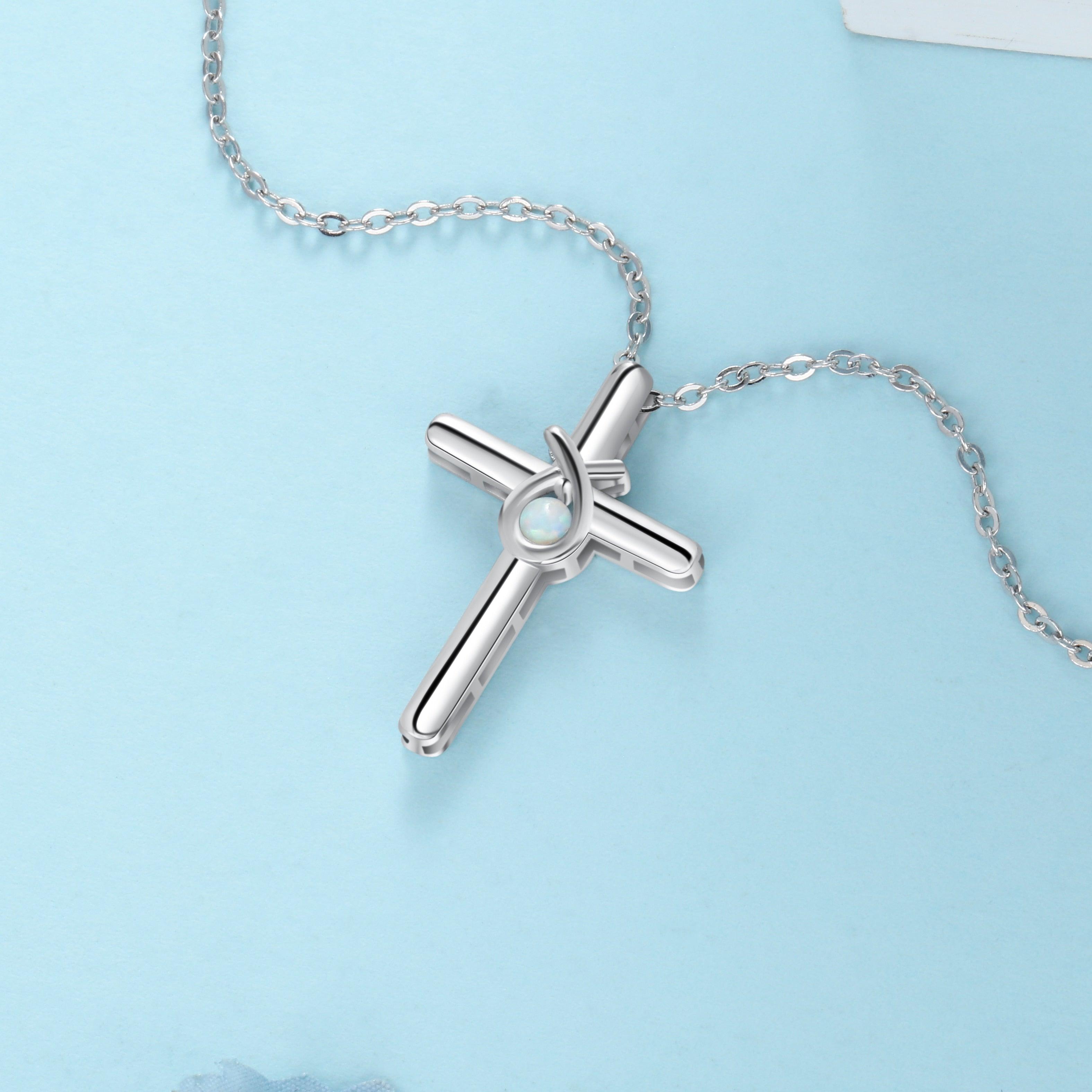 925 Sterling Silver Cross Shape with White Opal Stone Pendant Necklaces for Women - Personalized Jewel