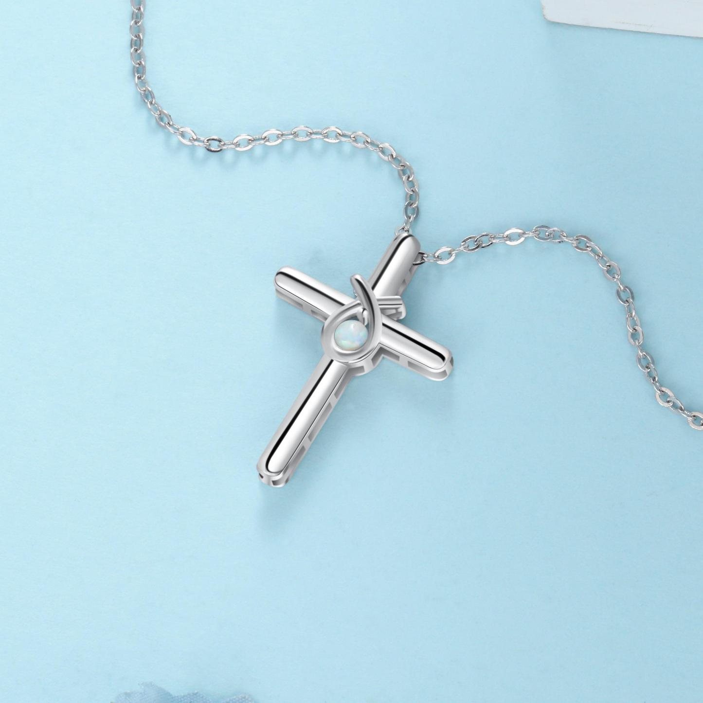 925 Sterling Silver Cross Shape with White Opal Stone Pendant Necklaces for Women - Personalized Jewel