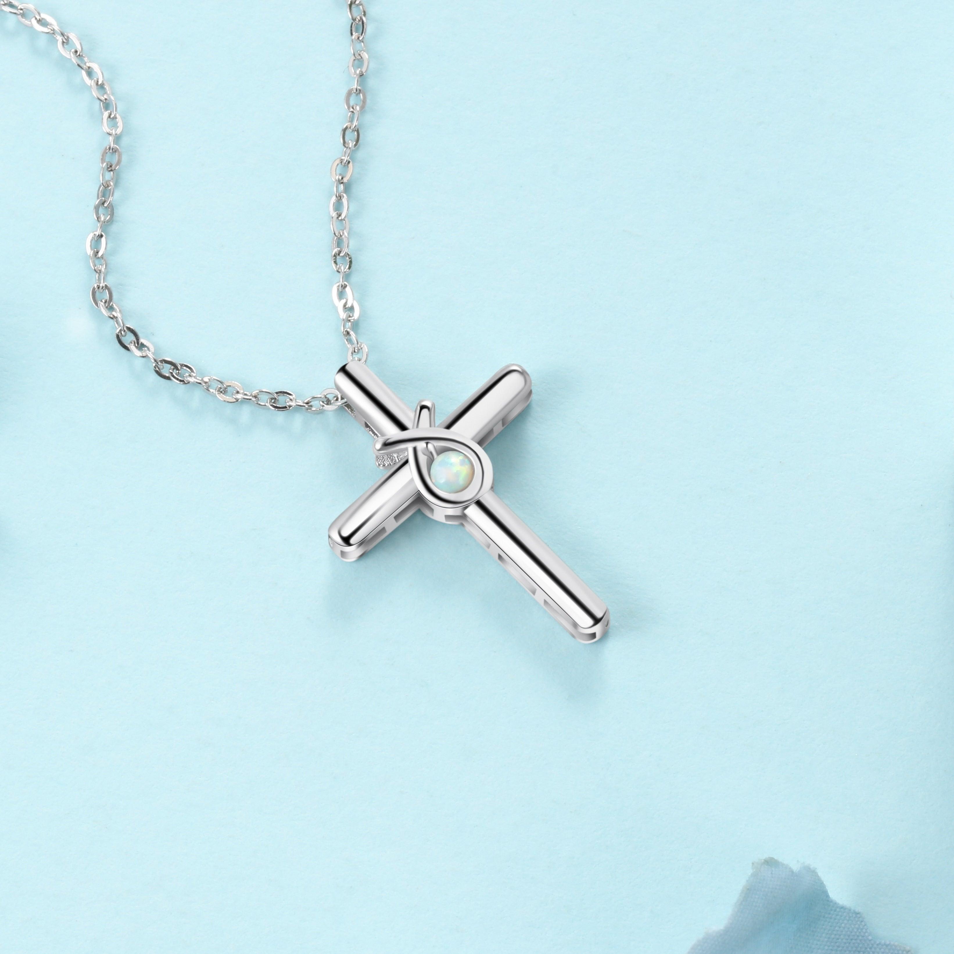 925 Sterling Silver Cross Shape with White Opal Stone Pendant Necklaces for Women - Personalized Jewel