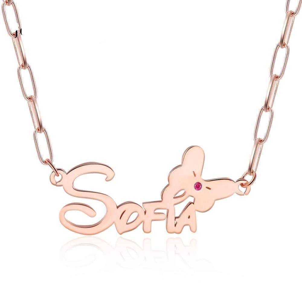 925 Sterling Silver Custom Name Butterfly Nameplate with Birthstone Link Chain Necklace - Personalized Jewel