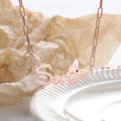 925 Sterling Silver Custom Name Butterfly Nameplate with Birthstone Link Chain Necklace - Personalized Jewel