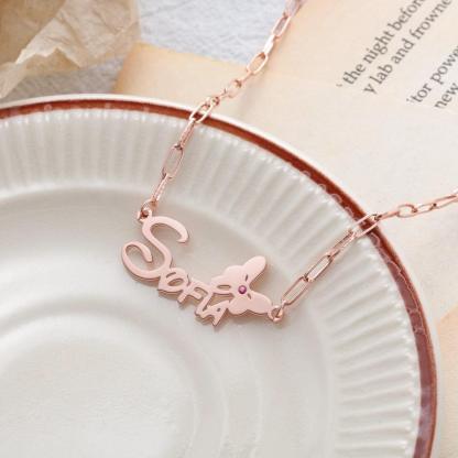 925 Sterling Silver Custom Name Butterfly Nameplate with Birthstone Link Chain Necklace - Personalized Jewel