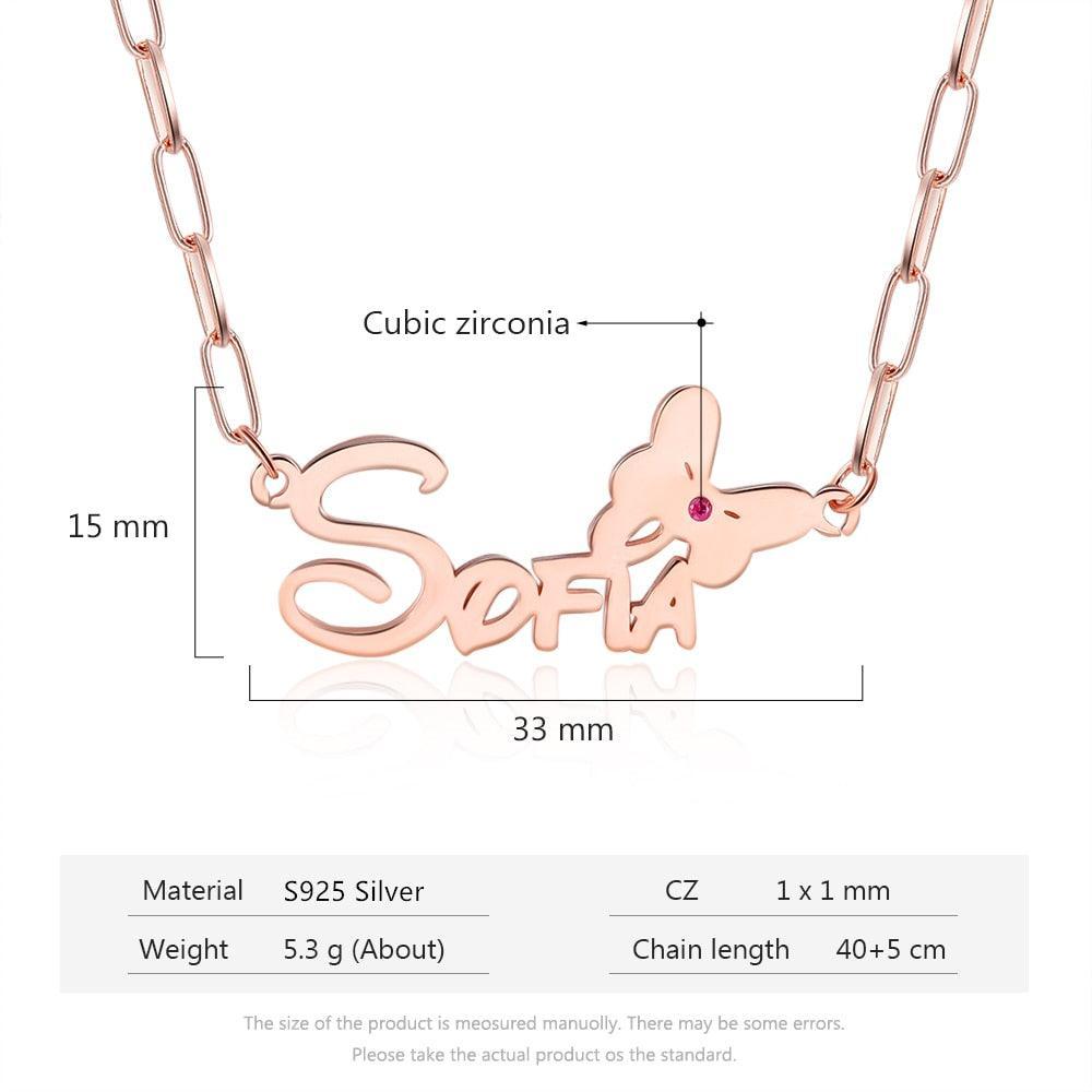 925 Sterling Silver Custom Name Butterfly Nameplate with Birthstone Link Chain Necklace - Personalized Jewel