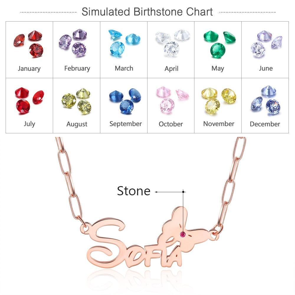 925 Sterling Silver Custom Name Butterfly Nameplate with Birthstone Link Chain Necklace - Personalized Jewel