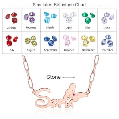 925 Sterling Silver Custom Name Butterfly Nameplate with Birthstone Link Chain Necklace - Personalized Jewel