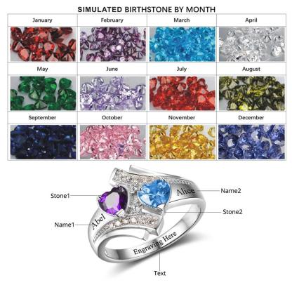 925 Sterling Silver Customized Heart Birthstone & Engraved Name Ring, Fashion Jewelry Gift for Women - Personalized Jewel
