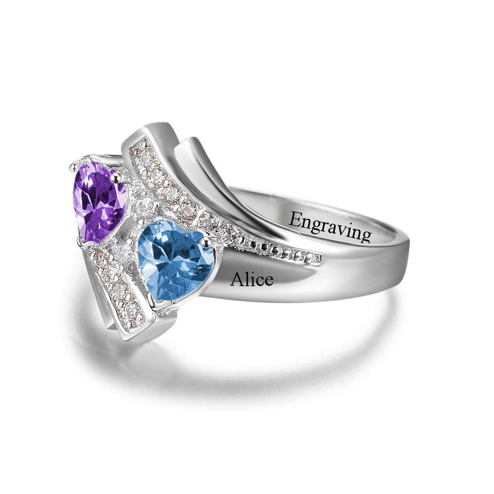 925 Sterling Silver Customized Heart Birthstone & Engraved Name Ring, Fashion Jewelry Gift for Women - Personalized Jewel