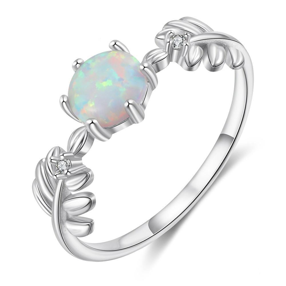 925 Sterling Silver Cute Branch Engagement Ring with Round White Opal Stone-Personalized Jewels