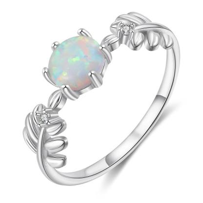 925 Sterling Silver Cute Branch Engagement Ring with Round White Opal Stone - Personalized Jewel