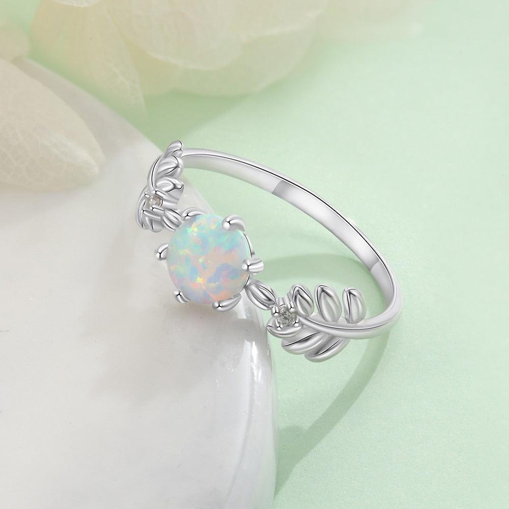 925 Sterling Silver Cute Branch Engagement Ring with Round White Opal Stone-Personalized Jewels