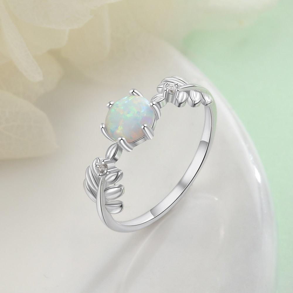 925 Sterling Silver Cute Branch Engagement Ring with Round White Opal Stone-Personalized Jewels