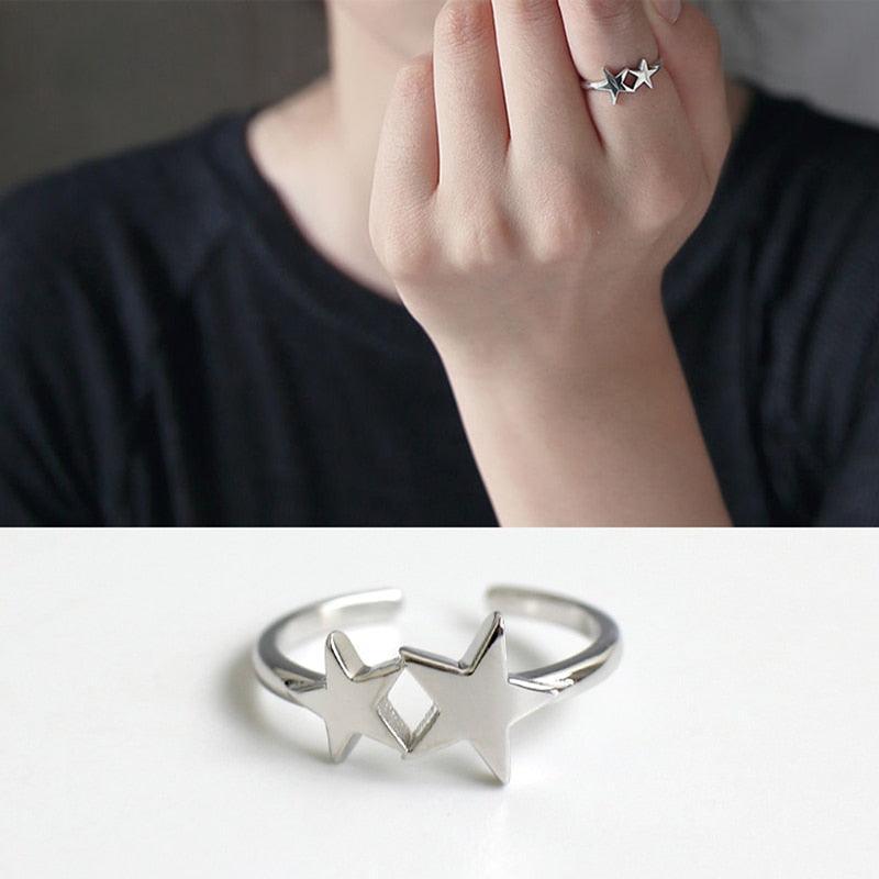 925 Sterling Silver Double Shining Stars Adjustable Ring, Trendy Style Gift for Women - Personalized Jewel
