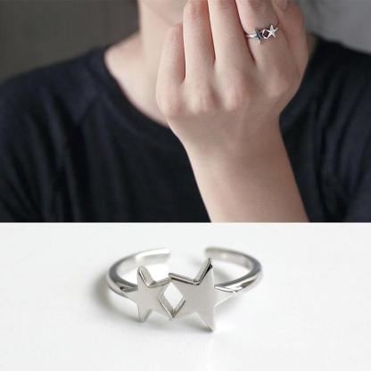 925 Sterling Silver Double Shining Stars Adjustable Ring, Trendy Style Gift for Women - Personalized Jewel