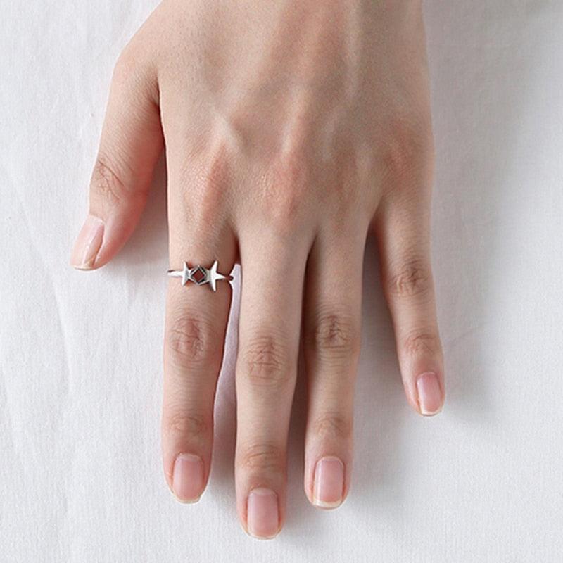925 Sterling Silver Double Shining Stars Adjustable Ring, Trendy Style Gift for Women - Personalized Jewel