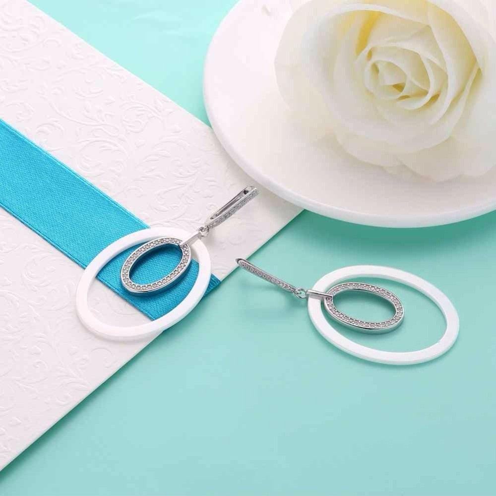 925 Sterling Silver Drop Earrings Ellipse Style Ceramic Dangle Earring - Personalized Jewel