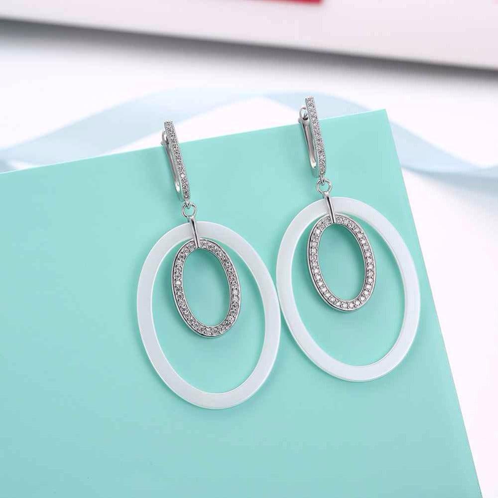 925 Sterling Silver Drop Earrings Ellipse Style Ceramic Dangle Earring-Personalized Jewels