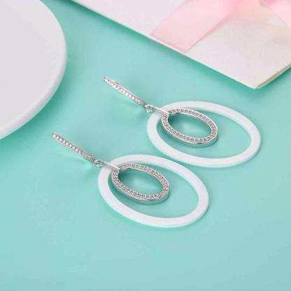 925 Sterling Silver Drop Earrings Ellipse Style Ceramic Dangle Earring - Personalized Jewel