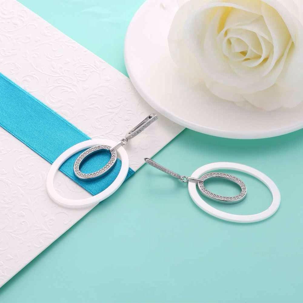 925 Sterling Silver Drop Earrings Ellipse Style Ceramic Dangle Earring - Personalized Jewel