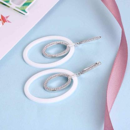 925 Sterling Silver Drop Earrings Ellipse Style Ceramic Dangle Earring - Personalized Jewel