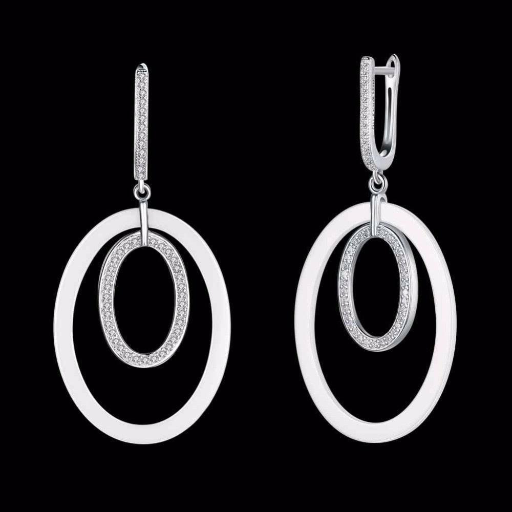 925 Sterling Silver Drop Earrings Ellipse Style Ceramic Dangle Earring - Personalized Jewel