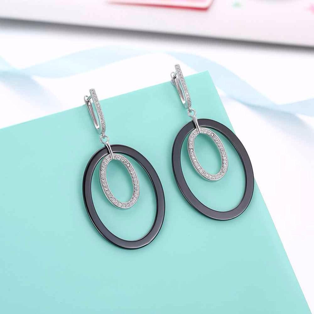 925 Sterling Silver Drop Earrings - Vintage Black Ellipse Ceramic Earrings For Women - Drop Earrings For Women - Fashion Wedding Jewelry - Wedding Jewelry Gift For Women - Personalized Jewel