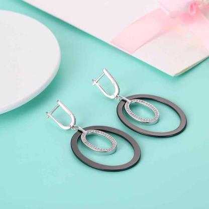 925 Sterling Silver Drop Earrings - Vintage Black Ellipse Ceramic Earrings For Women - Drop Earrings For Women - Fashion Wedding Jewelry - Wedding Jewelry Gift For Women - Personalized Jewel