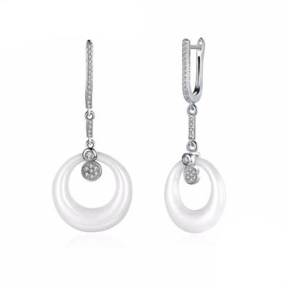 925 Sterling Silver Drop Earrings - Vintage White Round Ceramic Earrings For Women - Drop Earrings For Women - Fashion Wedding Jewelry - Wedding Jewelry Gift For Women - Personalized Jewel