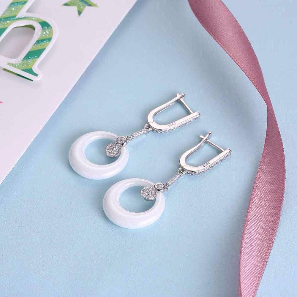 925 Sterling Silver Drop Earrings - Vintage White Round Ceramic Earrings For Women - Drop Earrings For Women - Fashion Wedding Jewelry - Wedding Jewelry Gift For Women - Personalized Jewel