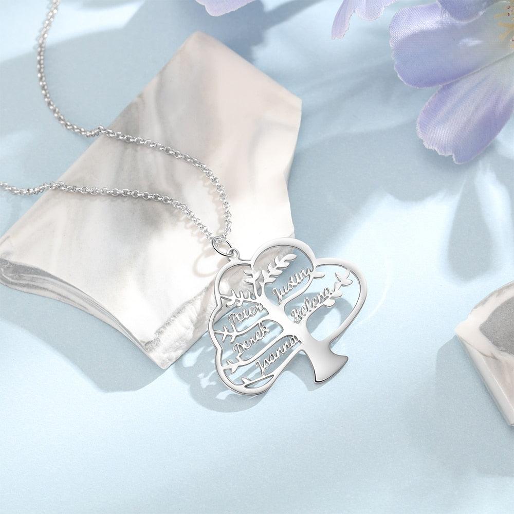 Sterling Silver Family Tree Necklace With 5 Customized Name Engravings-Personalized Jewels
