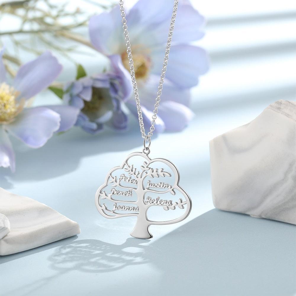 Sterling Silver Family Tree Necklace With 5 Customized Name Engravings-Personalized Jewels
