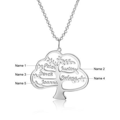925 Sterling Silver Family Tree Necklace With 5 Customized Name Engravings - Personalized Jewel