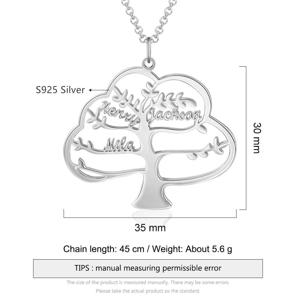 925 Sterling Silver Family Tree Necklace With 5 Customized Name Engravings - Personalized Jewel