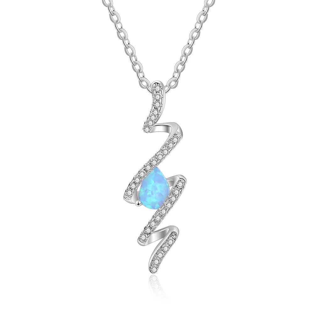 925 Sterling Silver Geometric Necklace with Ribbon Shape Twist Blue Opal Pendant, Gift for Women - Personalized Jewel