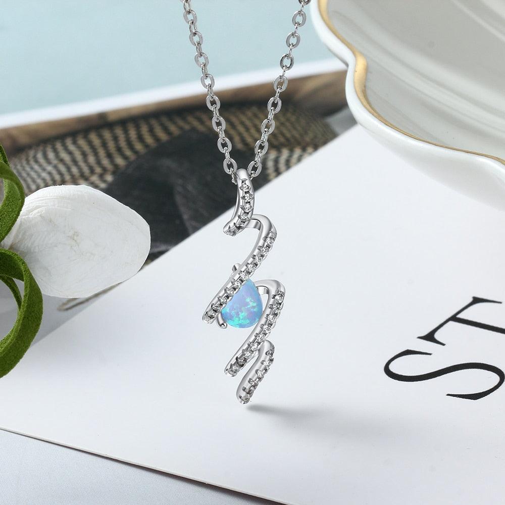 925 Sterling Silver Geometric Necklace with Ribbon Shape Twist Blue Opal Pendant, Gift for Women - Personalized Jewel
