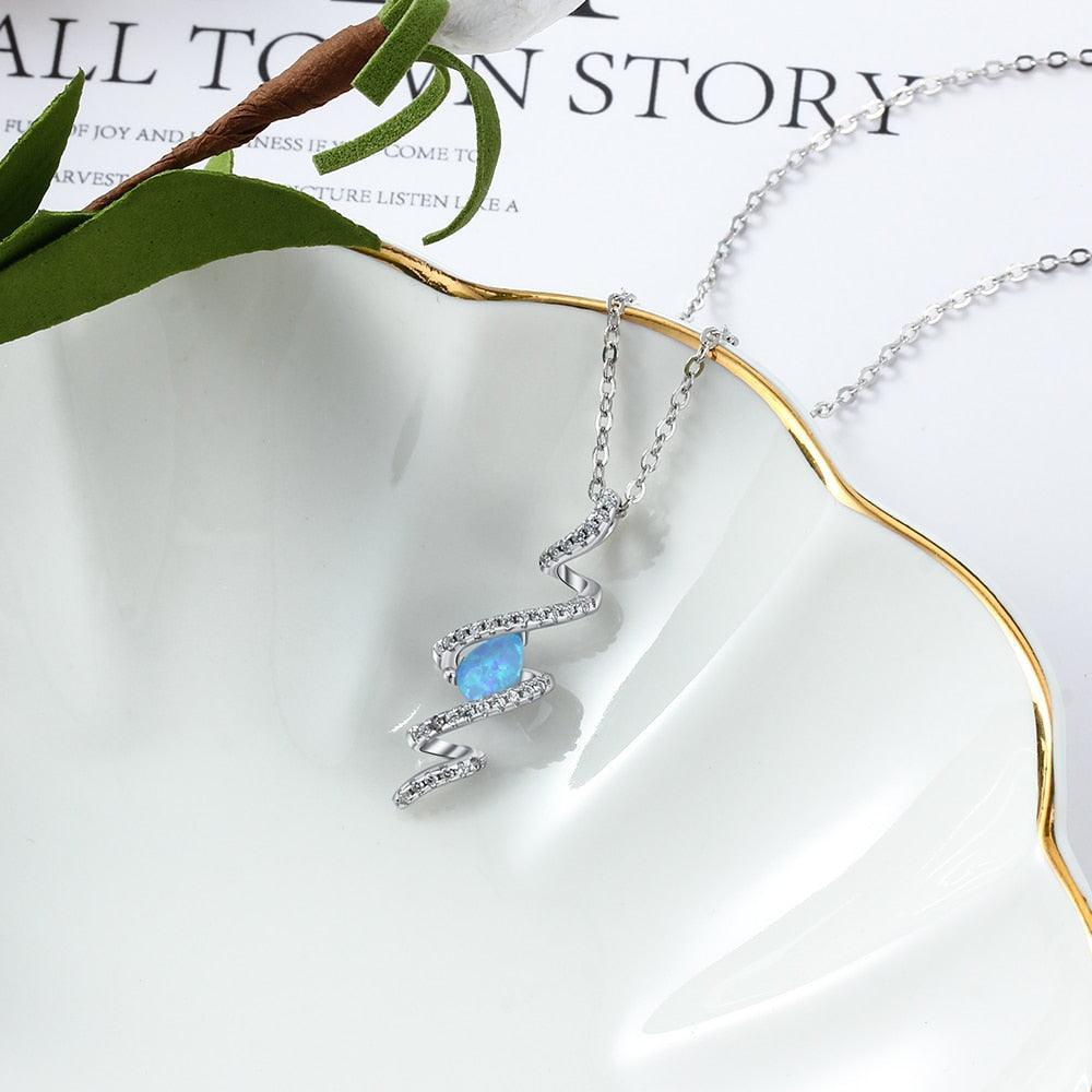 925 Sterling Silver Geometric Necklace with Ribbon Shape Twist Blue Opal Pendant, Gift for Women - Personalized Jewel