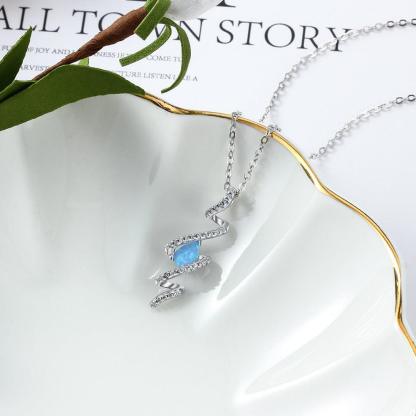 925 Sterling Silver Geometric Necklace with Ribbon Shape Twist Blue Opal Pendant, Gift for Women - Personalized Jewel