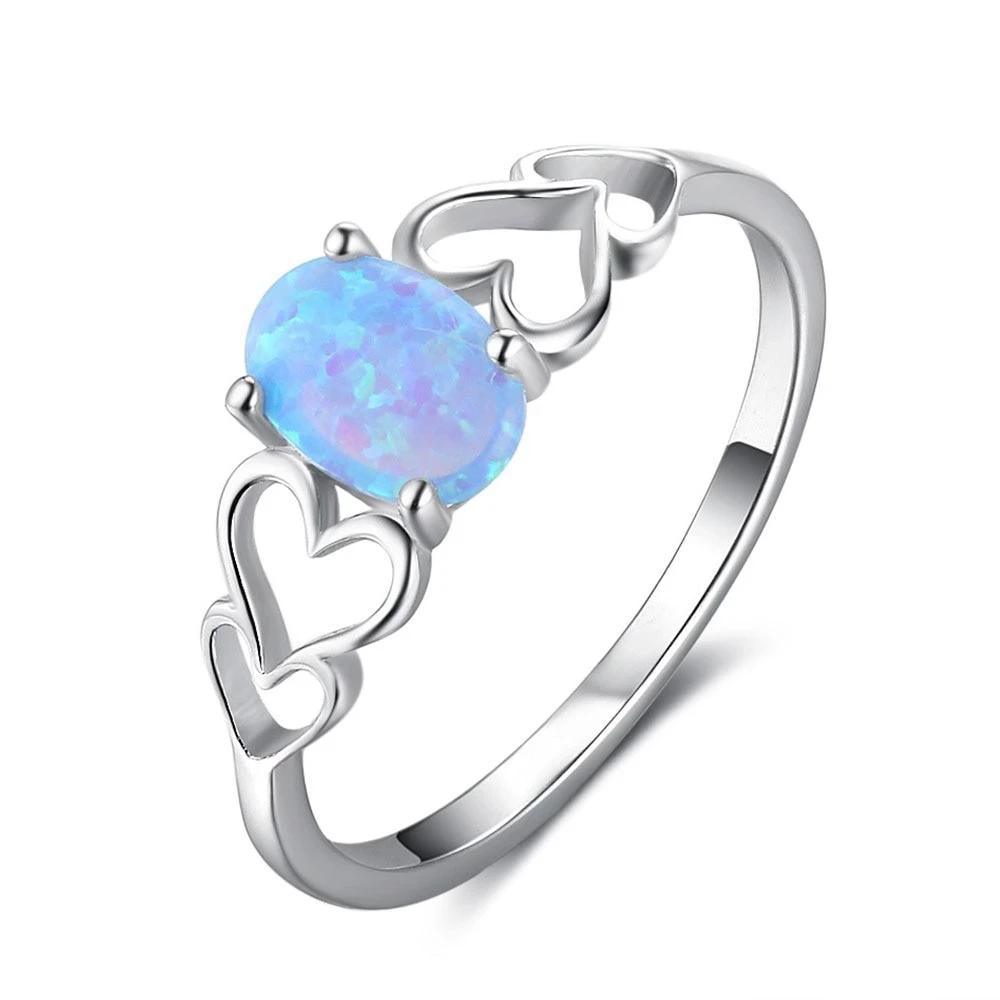 925 Sterling Silver Heart Design Blue Opal Rings, Fashion Jewelry Gift for Women - Personalized Jewel