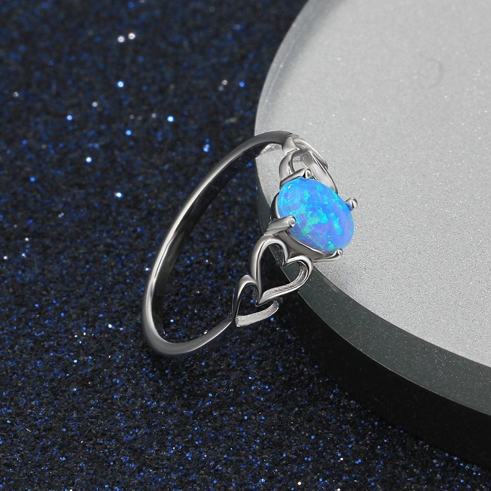 925 Sterling Silver Heart Design Blue Opal Rings, Fashion Jewelry Gift for Women - Personalized Jewel
