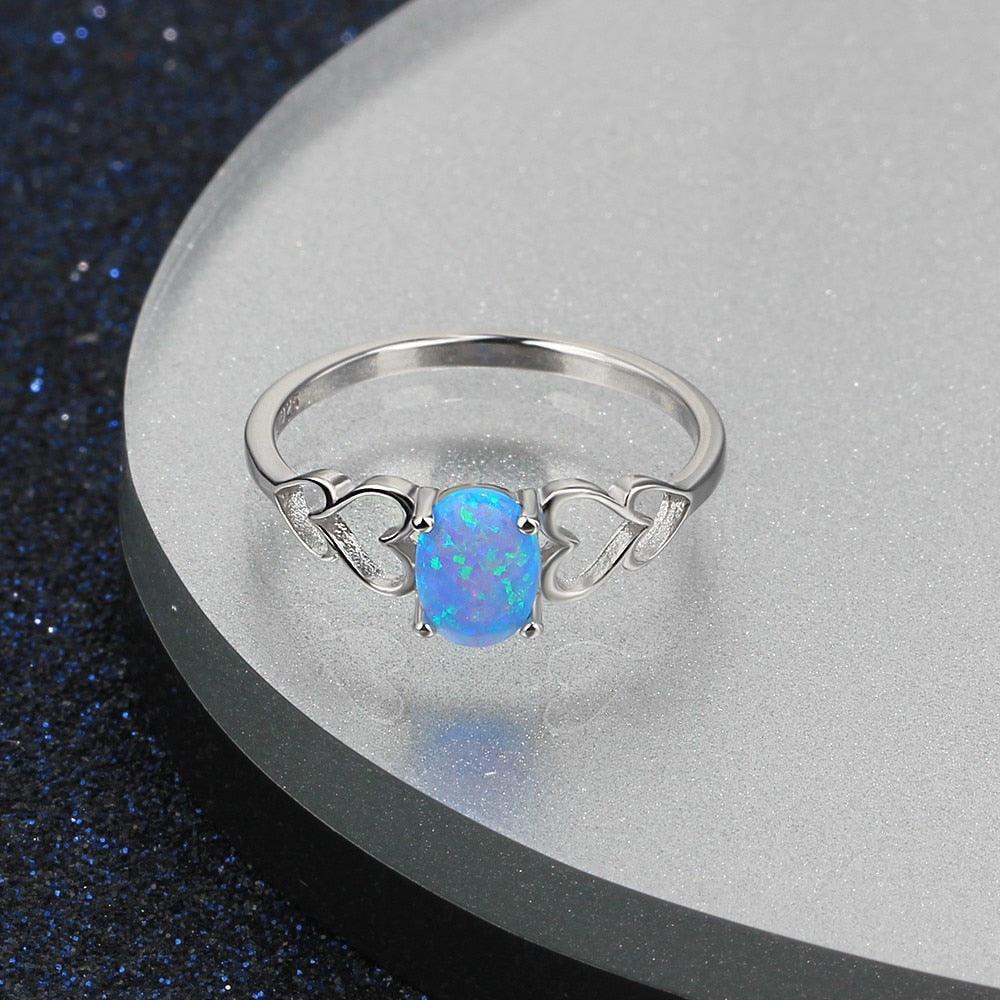 925 Sterling Silver Heart Design Blue Opal Rings, Fashion Jewelry Gift for Women - Personalized Jewel