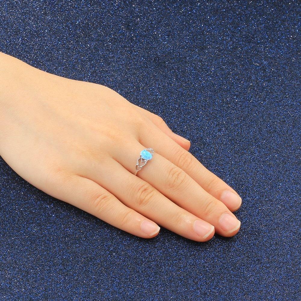 925 Sterling Silver Heart Design Blue Opal Rings, Fashion Jewelry Gift for Women - Personalized Jewel