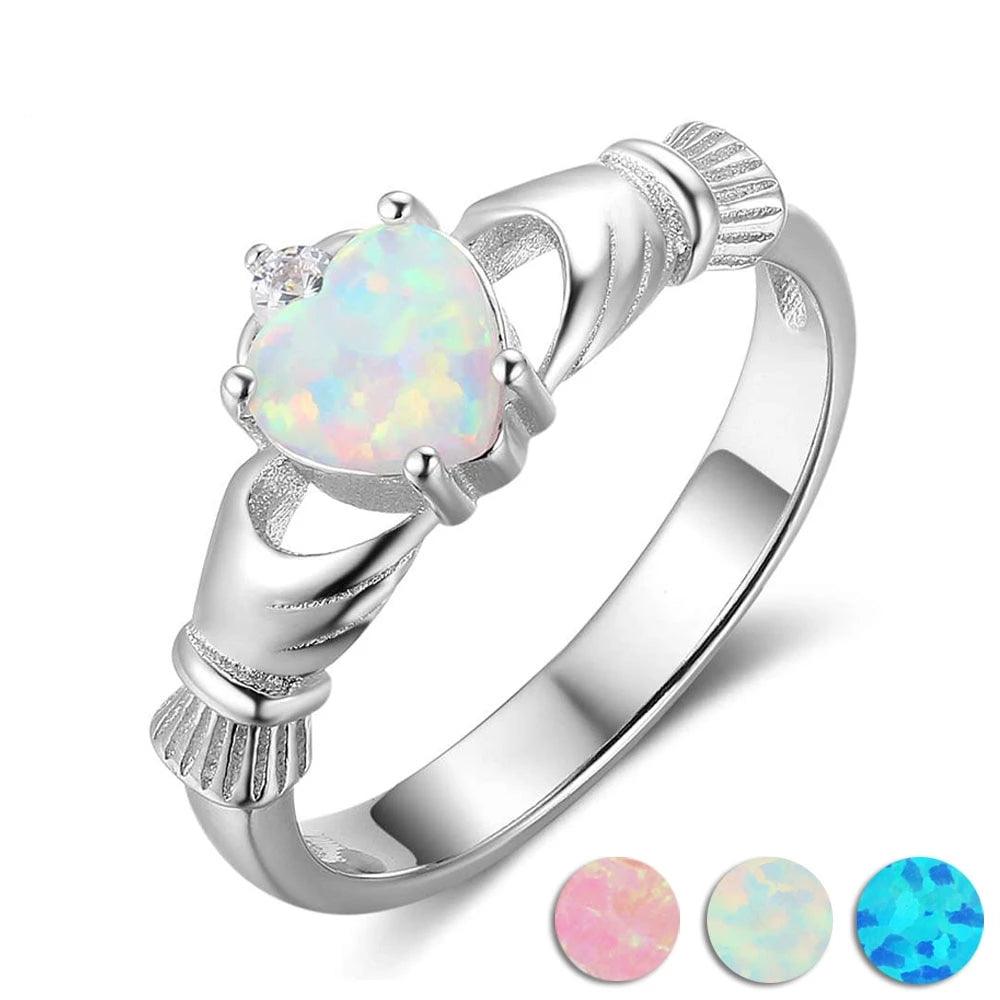 925 Sterling Silver Heart Opal Stone Claddagh Ring, Fashion Jewelry Gift for Women - Personalized Jewel