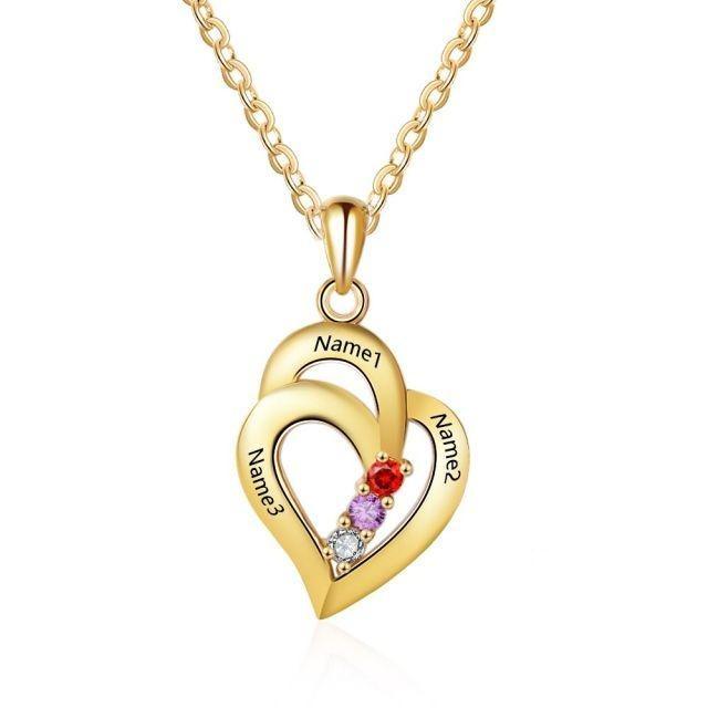 925 Sterling Silver Heart Shaped Pendant for Women, 3 Personalized Birthstones and 3 Name Engravings - Personalized Jewel
