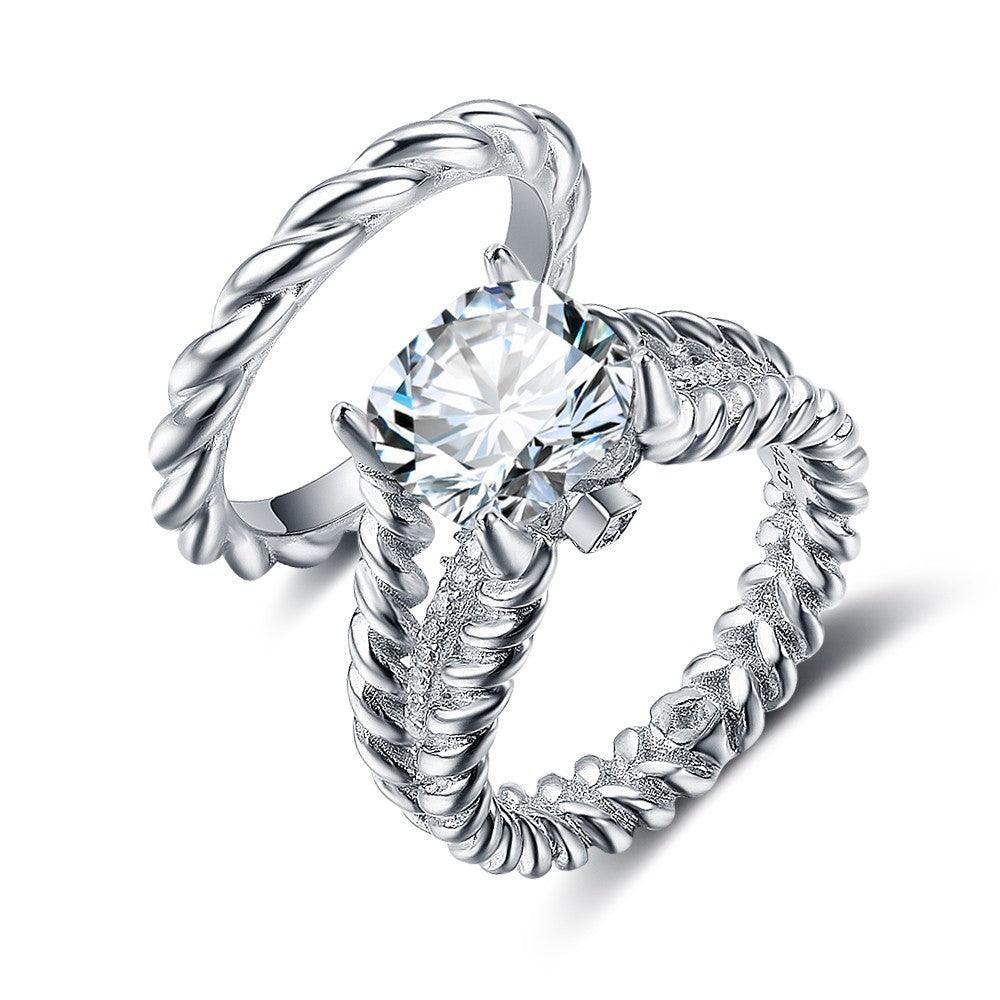 925 Sterling Silver Hemp Rope Ring Sets with Cubic Zirconia Hearts & Arrows Stone for Women - Personalized Jewel