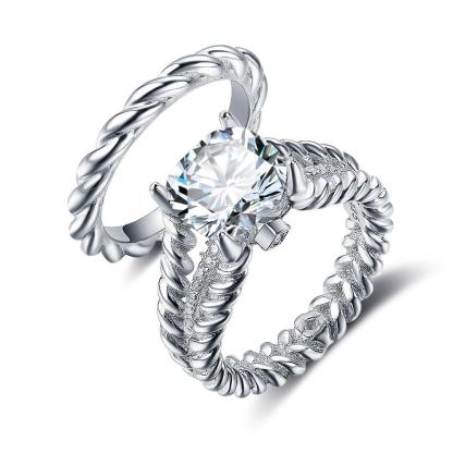 925 Sterling Silver Hemp Rope Ring Sets with Cubic Zirconia Hearts & Arrows Stone for Women - Personalized Jewel