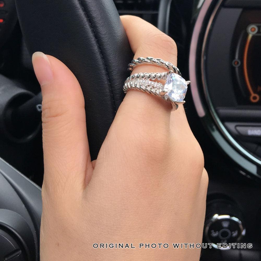 925 Sterling Silver Hemp Rope Ring Sets with Cubic Zirconia Hearts & Arrows Stone for Women - Personalized Jewel