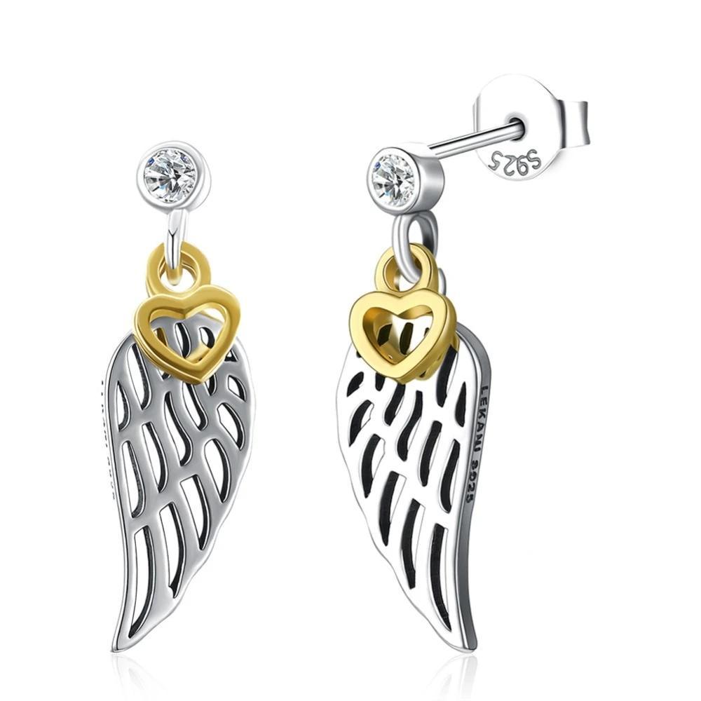 925 Sterling Silver Hollow Wing with Heart Dangling Stud Earrings, Trendy Party Jewelry for Women - Personalized Jewel