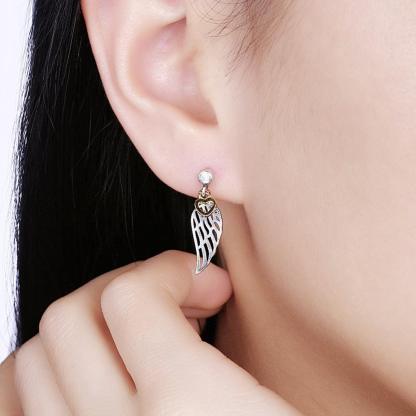 925 Sterling Silver Hollow Wing with Heart Dangling Stud Earrings, Trendy Party Jewelry for Women - Personalized Jewel