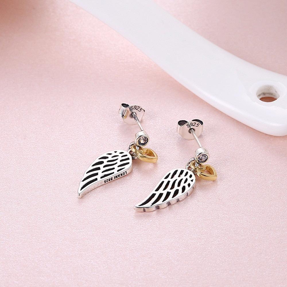 925 Sterling Silver Hollow Wing with Heart Dangling Stud Earrings, Trendy Party Jewelry for Women - Personalized Jewel