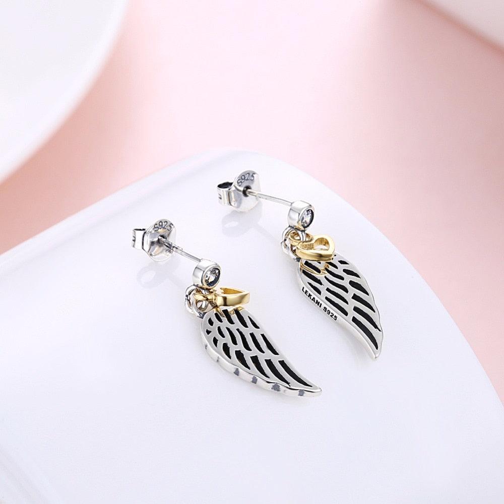 925 Sterling Silver Hollow Wing with Heart Dangling Stud Earrings, Trendy Party Jewelry for Women - Personalized Jewel